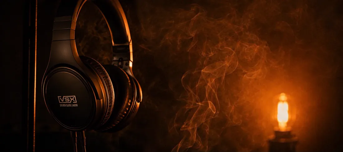 Studio headphones on a stand with orange smoke drifting behind