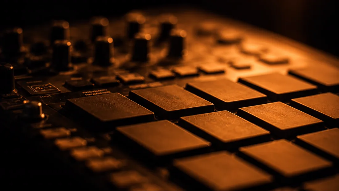 Close-up of a backlit drum-pad controller in warm orange light