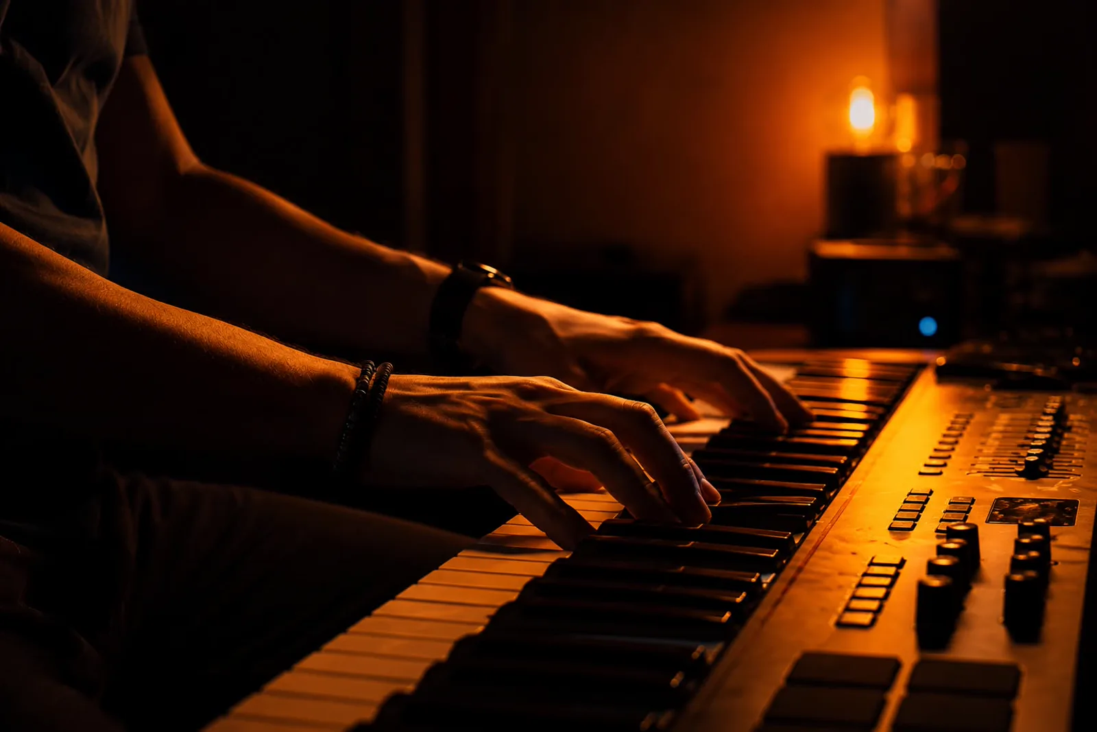 Javi Perera's hands playing keys under warm studio light